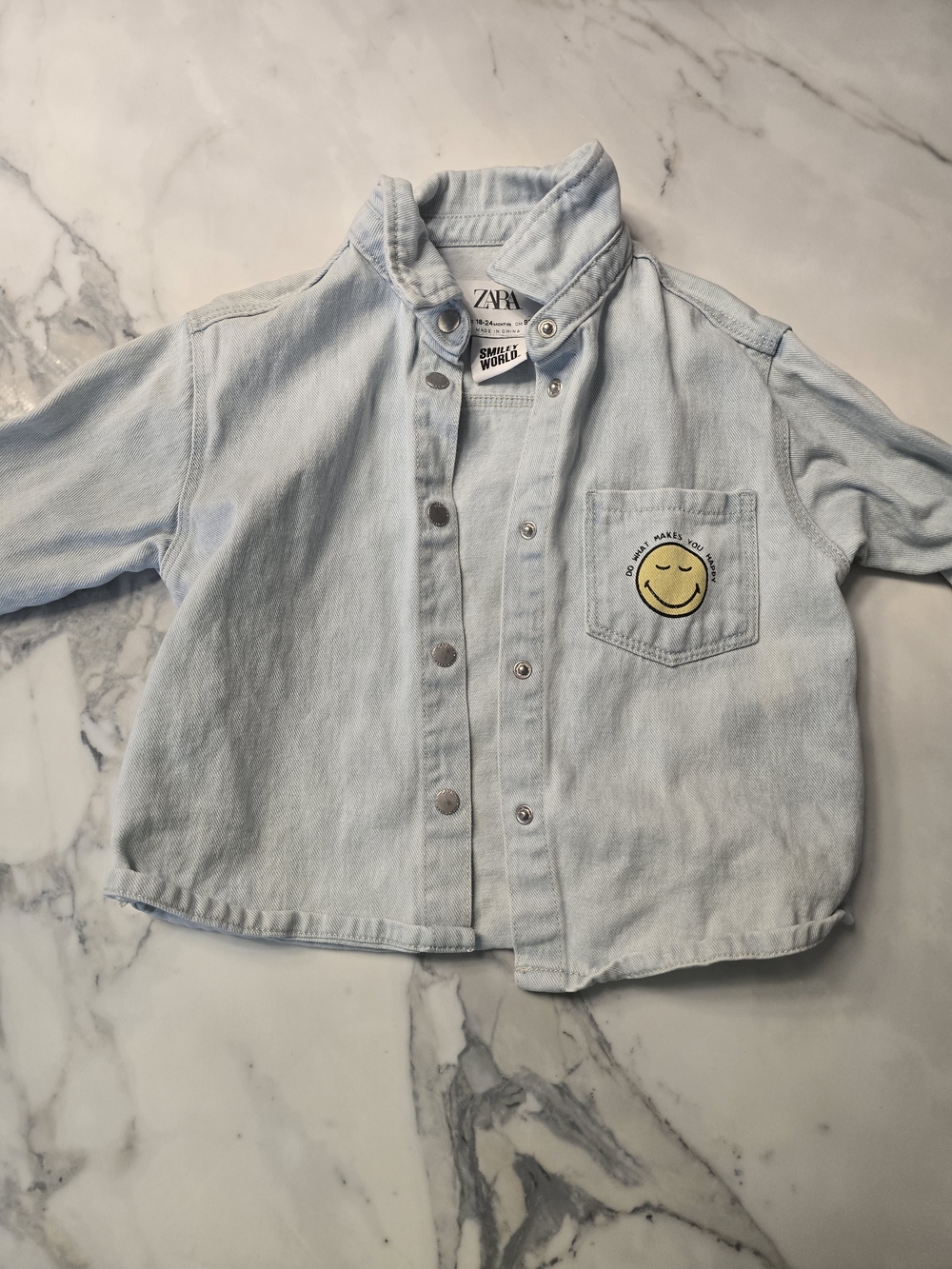 Zara Kids Light Blue Denim Jacket with Smiley Patch